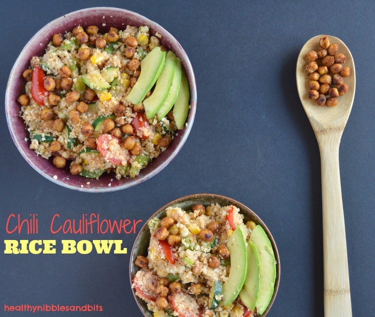 Chili cauliflower rice bowl with roasted chickpeas