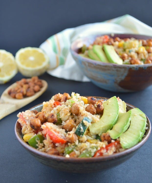 Chili cauliflower rice bowl with roasted chickpeas