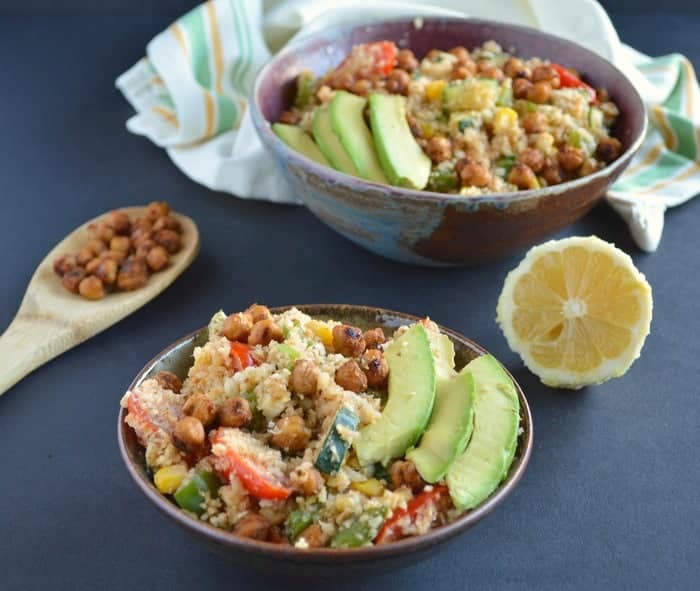 Chili cauliflower rice bowl with roasted chickpeas