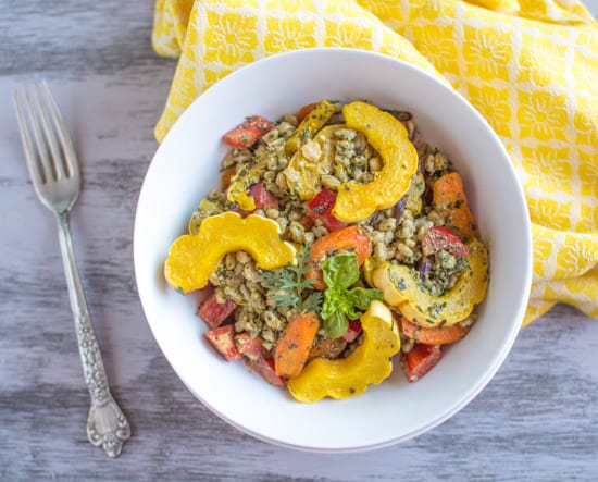 Farro Bowl with Roasted Vegetables & Carrot Top Pesto