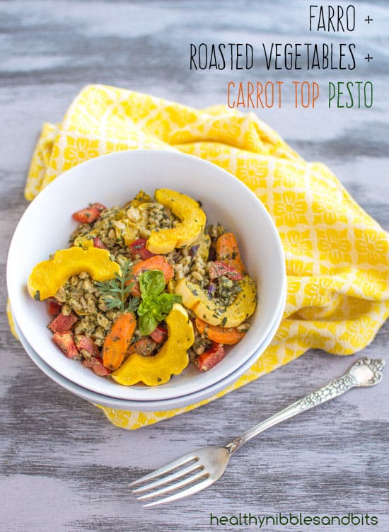 Farro Bowl with Roasted Vegetables & Carrot Top Pesto