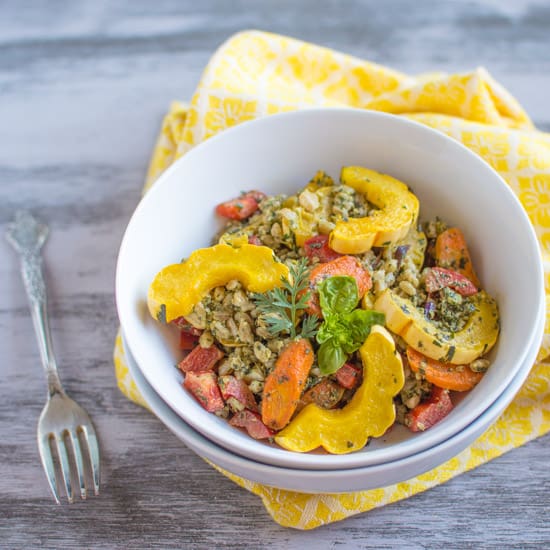 Farro Bowl with Roasted Vegetables & Carrot Top Pesto