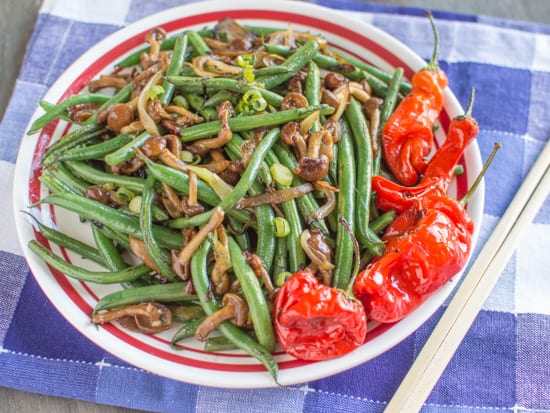 Spicy Green Beans with  Nameko Mushrooms and Shishito Peppers 