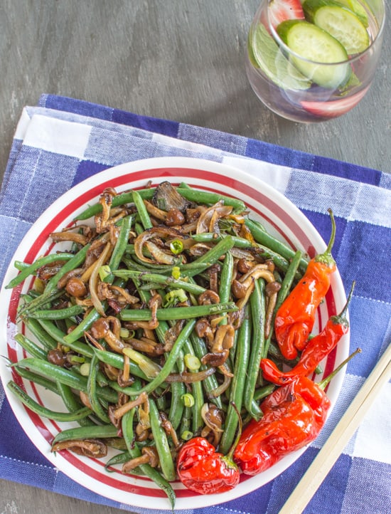 Spicy Green Beans with  Nameko Mushrooms and Shishito Peppers 