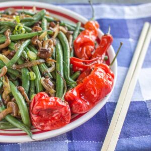 Spicy Green Beans with Nameko Mushrooms and Shishito Peppers | Healthy Nibbles and Bits