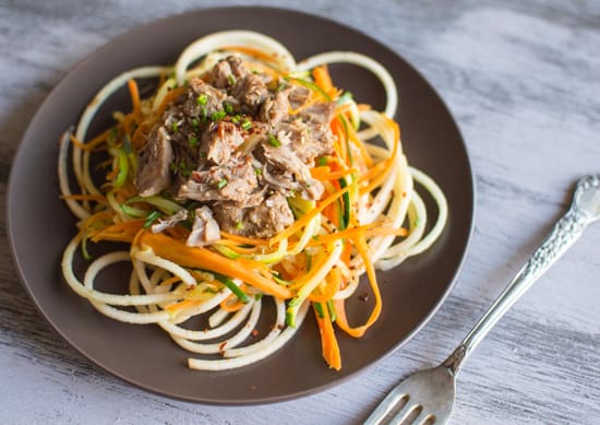 Asian Slow Cooker Pork with Zucchini Carrot and Apple Noodles | healthynibblesandbits.com