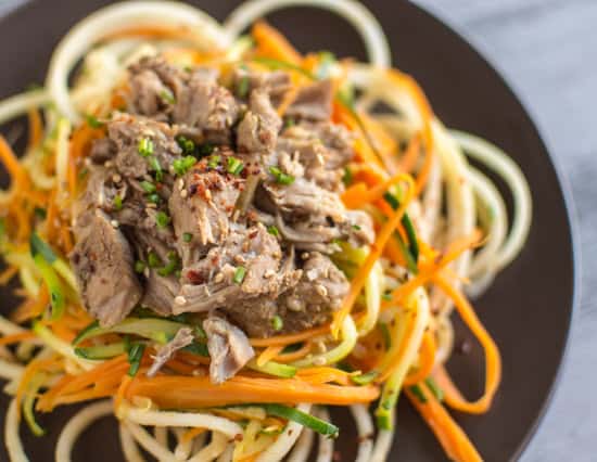 Asian Slow Cooker Pork with Zucchini Carrot and Apple Noodles | healthynibblesandbits.com