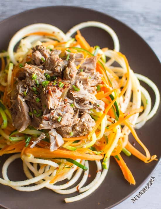 Asian Slow Cooker Pork with Zucchini Carrot and Apple Noodles | healthynibblesandbits.com