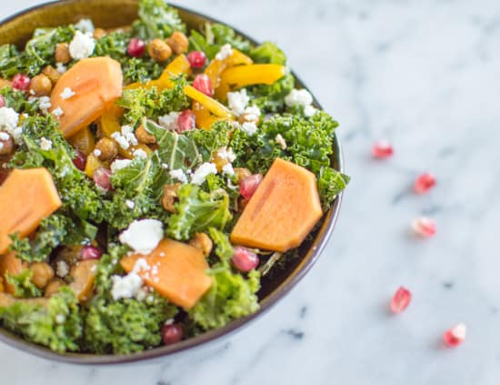 Kale Persimmon Salad with Curry Chickpea Croutons | healthynibblesandbits.com