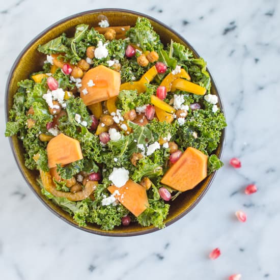 Kale Persimmon Salad with Curry Chickpea Croutons | healthynibblesandbits.com