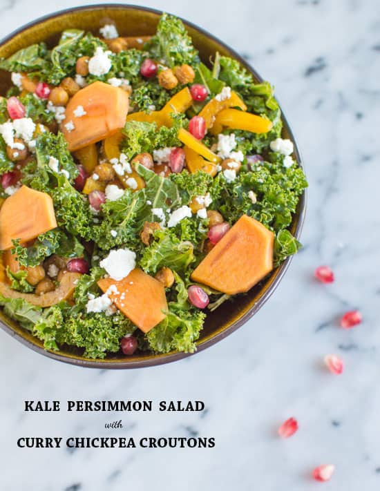 Kale Persimmon Salad with Curry Chickpea Croutons | healthynibblesandbits.com