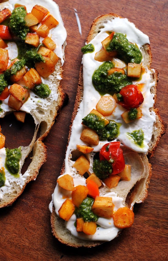 5. Honey Chipotle-Roasted Parnsip & Carrot Crostini with Whipped Ricotta & Pesto 