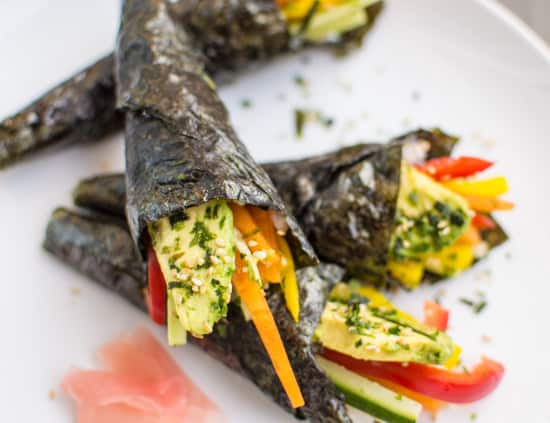 Easy Vgetable Sushi Hand Rolls that are a guaranteed crowd pleaser! #vegan | healthynibblesandbits.com