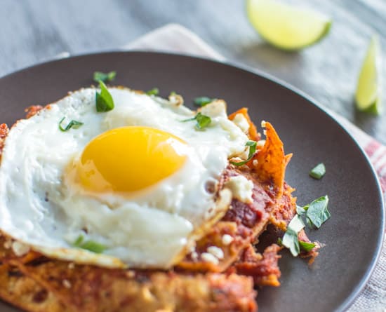 Chilaquiles with Homemade Tomato Sauce & Fried Eggs | healthynibblesandbits.com #glutenfree