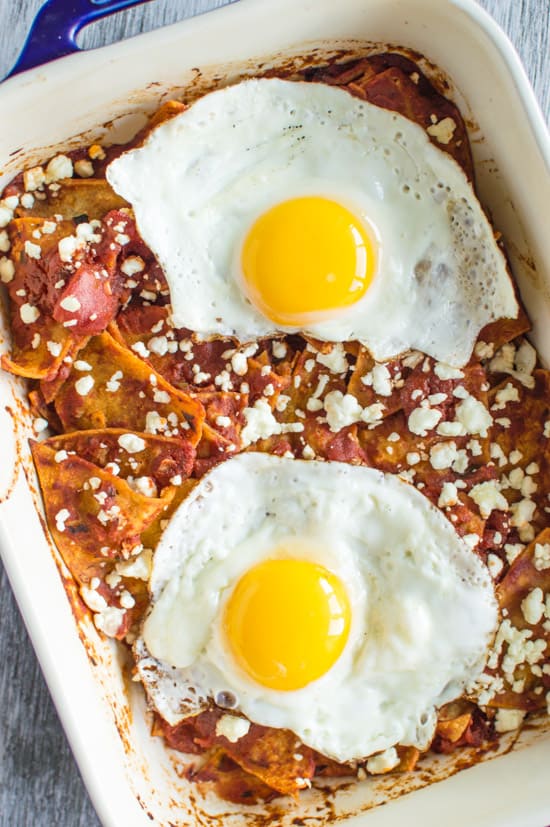 Chilaquiles with Homemade Tomato Sauce & Fried Eggs | healthynibblesandbits.com #glutenfree