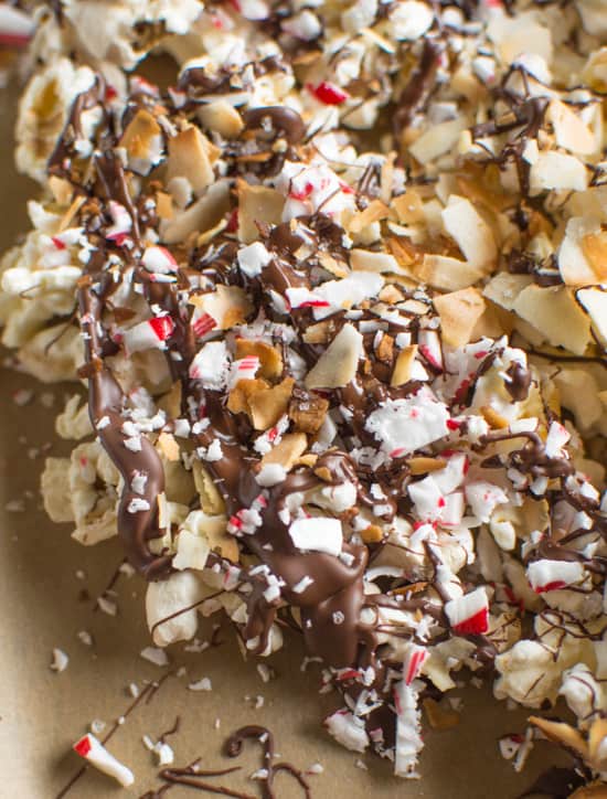 Addictive Peppermint Bark Popcorn with Toasted Coconut | healthynibblesandbits.com #glutenfree