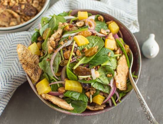 Spinach Salad with Toasted Pita and Hazelnuts | healthynibblesandbits.com #vegan #glutenfree