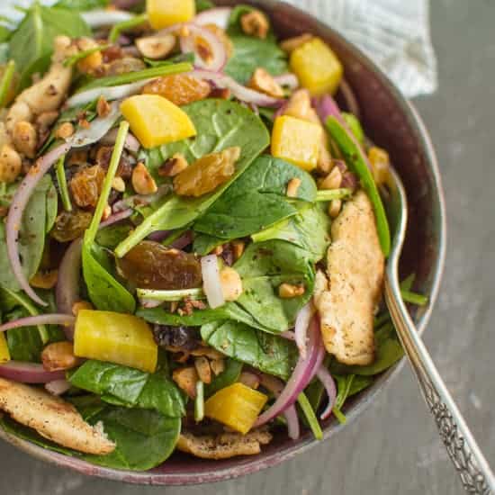 Spinach Salad with Toasted Pita and Hazelnuts | healthynibblesandbits.com #vegan #glutenfree