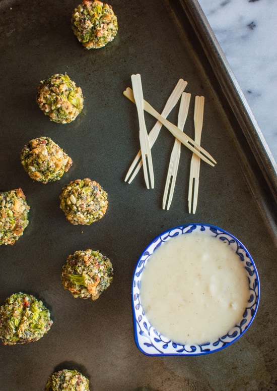Cheesy Broccoli Tots with Cheddar Onion Sauce | healthynibblesandbits.com
