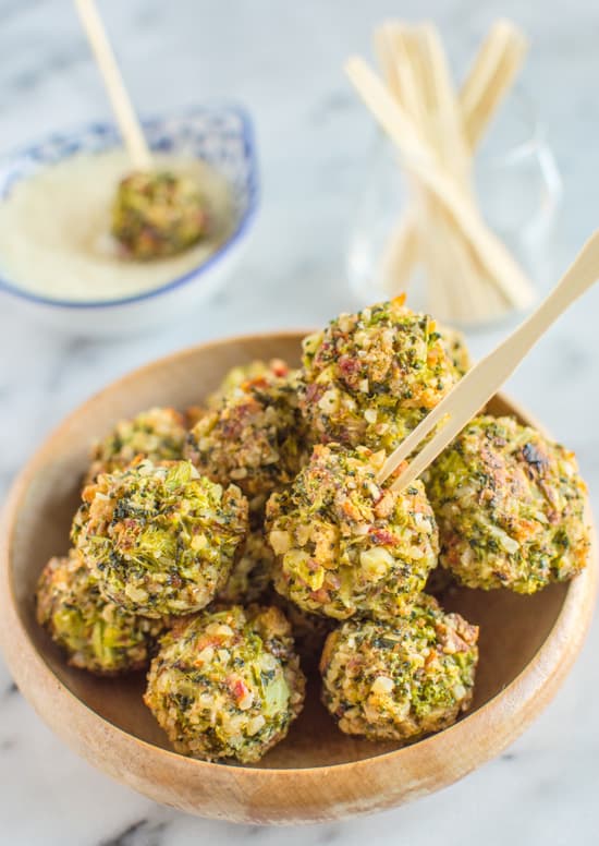 Cheesy Broccoli Tots with Cheddar Onions Sauce | healthynibblesandbits.com