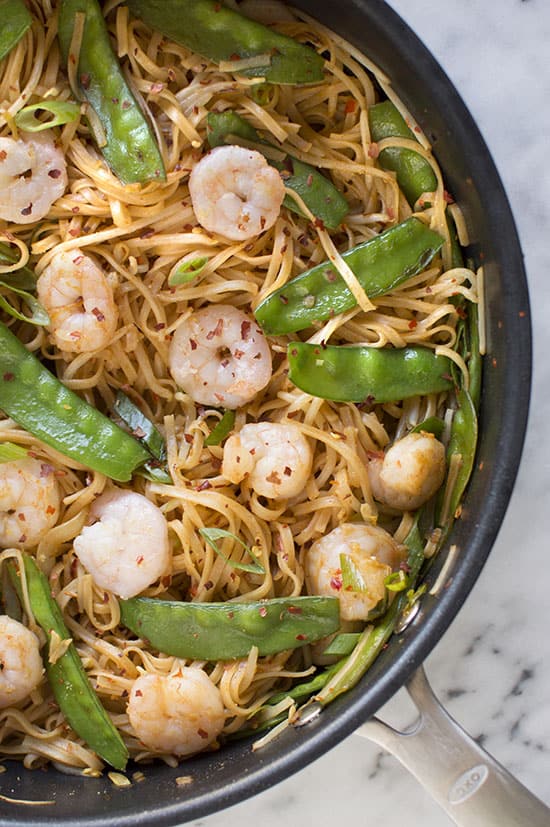 Rice Noodles with Shrimp Snow Peas | healthynibblesandbits.com