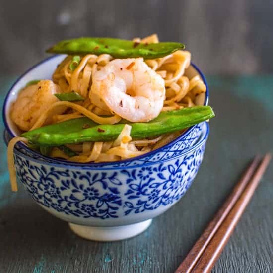 Rice Noodles with Shrimp & Snow Peas | healthynibblesandbits.com