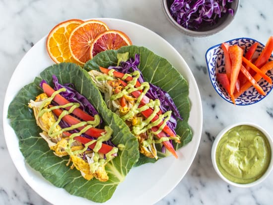 Slow Cooker Curried Chicken Tacos with Avocado Crema | healthynibblesandbits #glutenfree