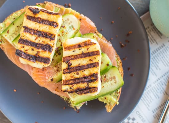 Smoked Salmon and Grilled Halloumi Avocado Toast | healthynibblesandbits.com