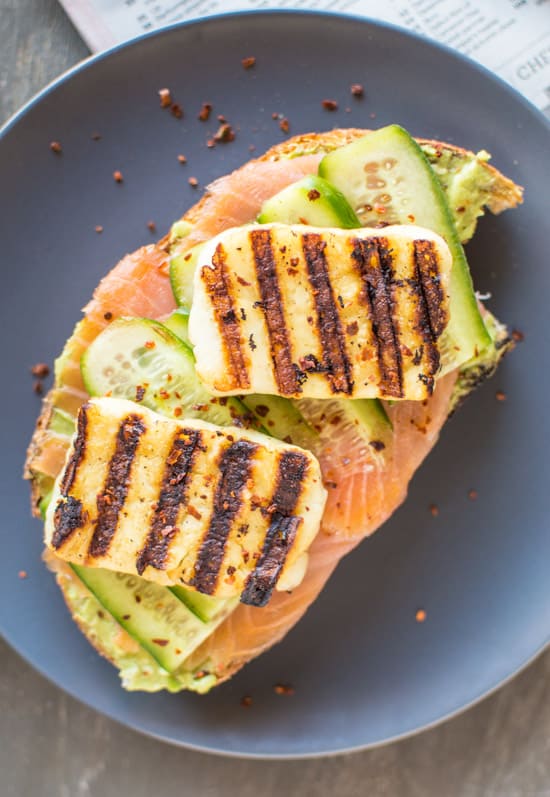 Smoked Salmon and Grilled Halloumi Avocado Toast | healthynibblesandbits.com