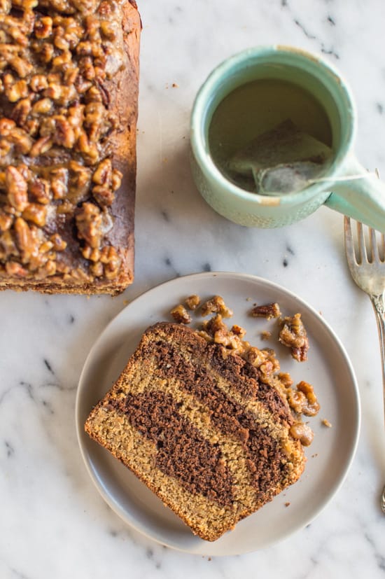 Banana Chocolate and Peanut Butter Swirl Bread with Pecan Praline | healthynibblesandbits.com #glutenfree