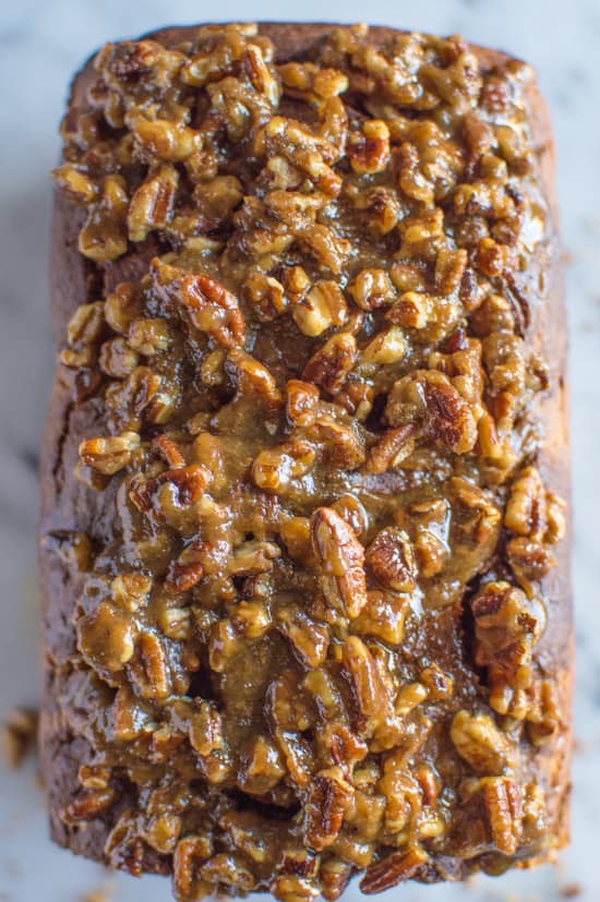 Banana Chocolate and Peanut Butter Swirl Bread with Pecan Praline | healthynibblesandbits.com #glutenfree