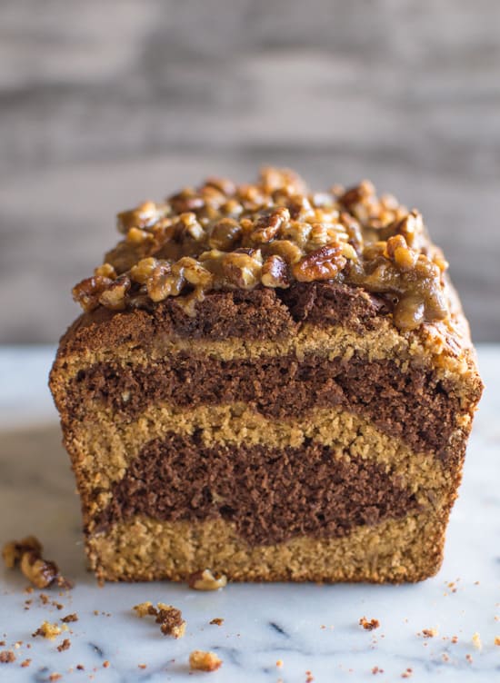 Banana Chocolate and Peanut Butter Swirl Bread with Pecan Praline | healthynibblesandbits.com #glutenfree