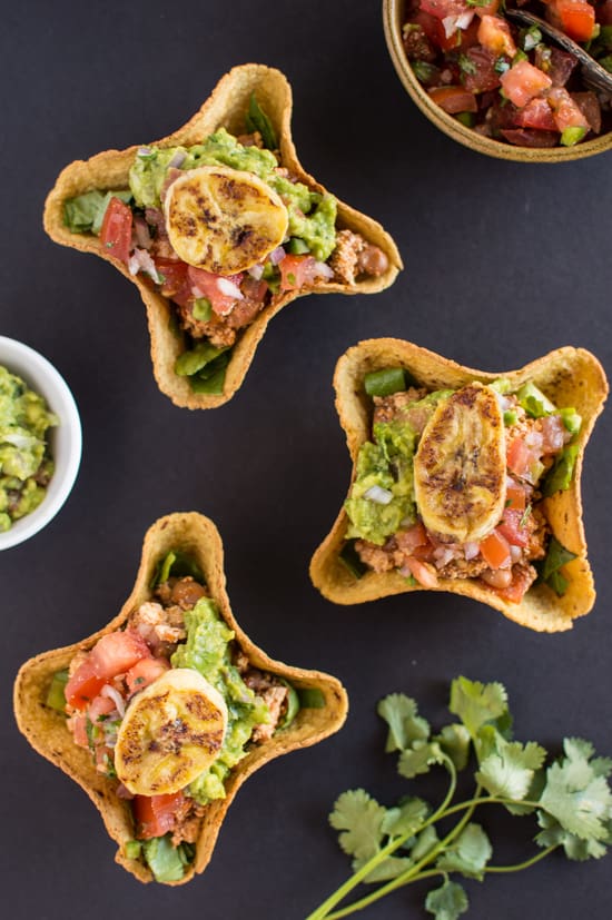 Mini Sofritas Tostada Bowl with Fried Plantains | healthynibblesandbits.com #glutenfree #vegan