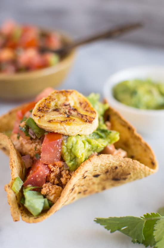 Mini Sofritas Tostada Bowl with Fried Plantains | healthynibblesandbits.com #glutenfree #vegan