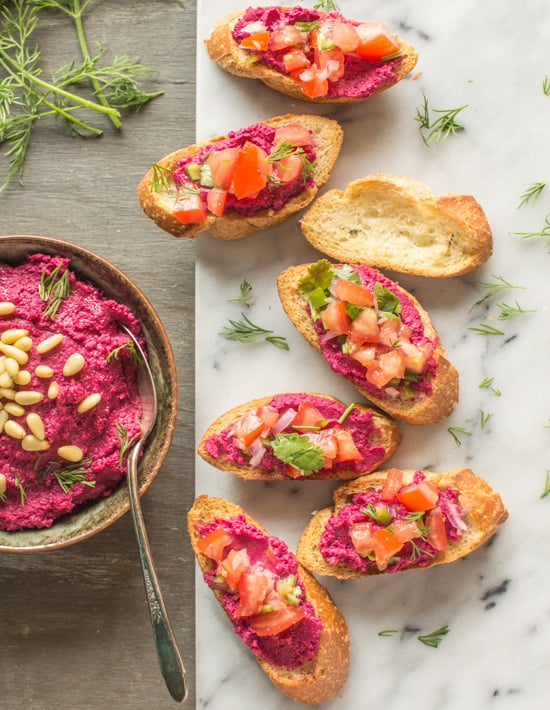 The perfect appetizer - Red Beet Hummus Bruschetta | healthynibblesandbits.com