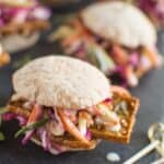 Crispy Tofu Pita Sliders - deliciously crispy tofu strips with quick pickled vegetables and a miso aioli | healthynibblesandbits.com