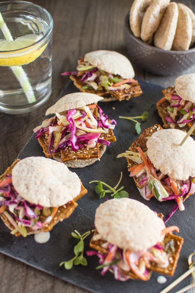 Crispy Tofu Pita Sliders - deliciously crispy tofu strips with quick pickled vegetables and a miso aioli | healthynibblesandbits.com