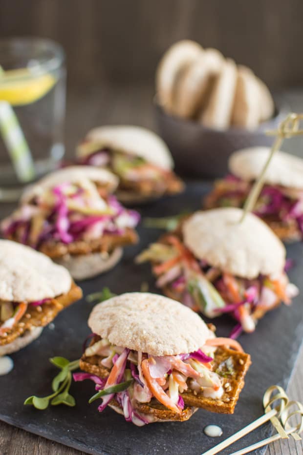 Crispy Tofu Pita Sliders - deliciously crispy tofu strips with quick pickled vegetables and a miso aioli | healthynibblesandbits.com