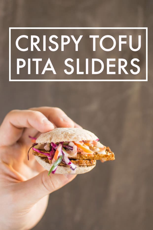 Crispy Tofu Pita Sliders - deliciously crispy tofu strips with quick pickled vegetables and a miso aioli | healthynibblesandbits.com