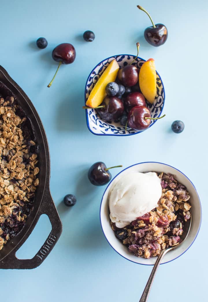 Peach Cherry Blueberry Crumble - vegan + gluten-free! | https://healthynibblesandbits.com/