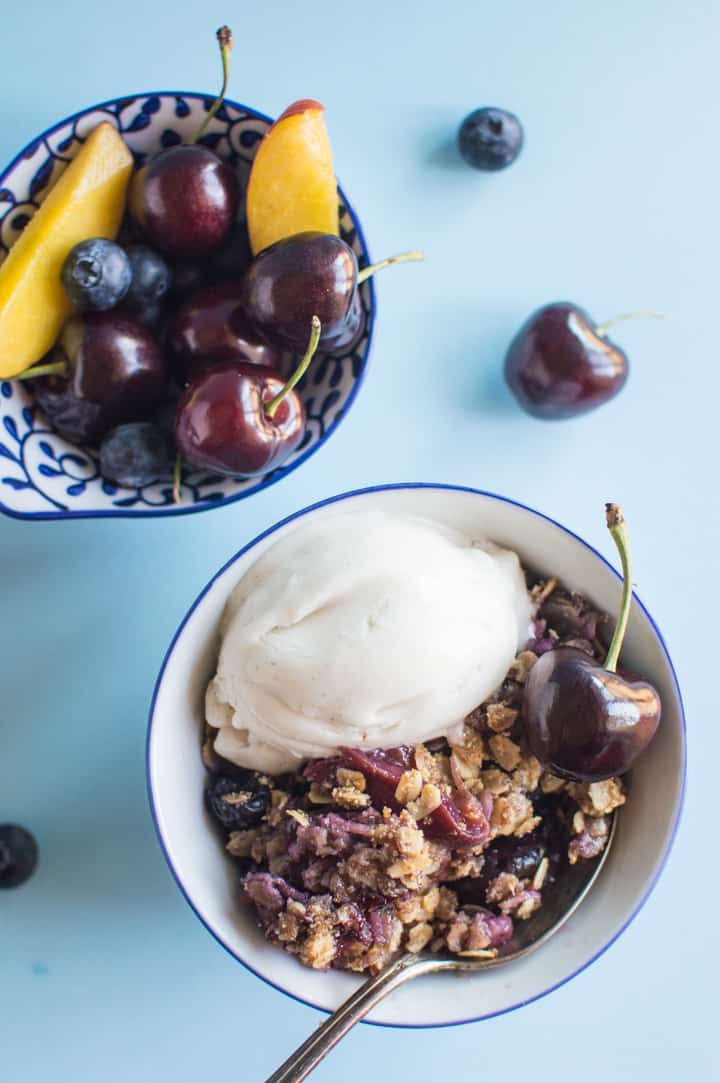 Peach Cherry Blueberry Crumble - vegan + gluten-free! | https://healthynibblesandbits.com/