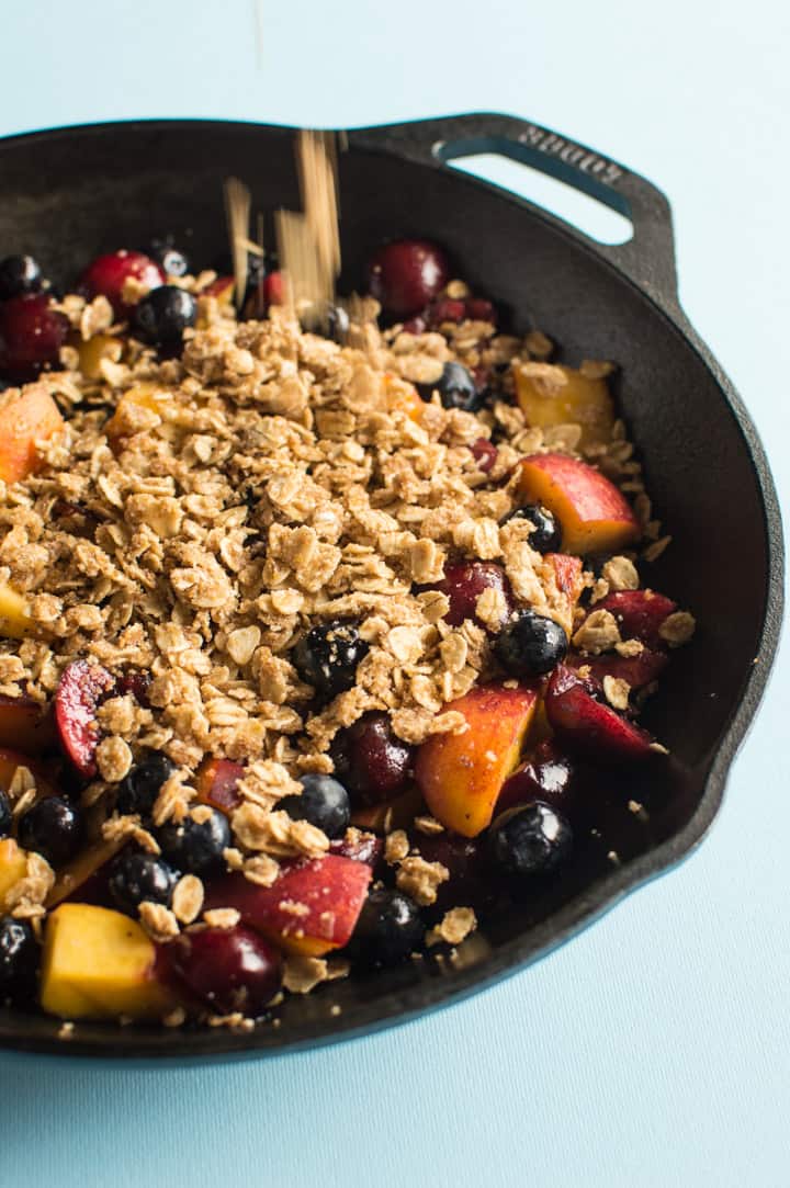 Peach Cherry Blueberry Crumble - vegan + gluten-free! | https://healthynibblesandbits.com/