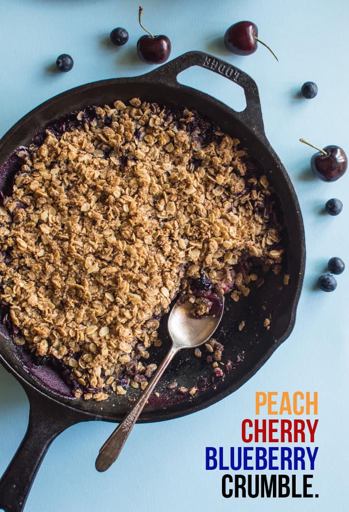 Peach Cherry Blueberry Crumble - vegan + gluten-free! | https://healthynibblesandbits.com/