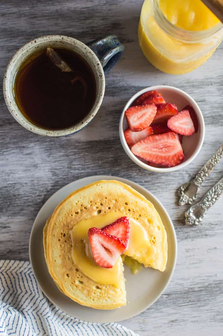 Super Fluffy Soy Milk Pancakes Sweet Lime Curd | healthynibblesandbits.com