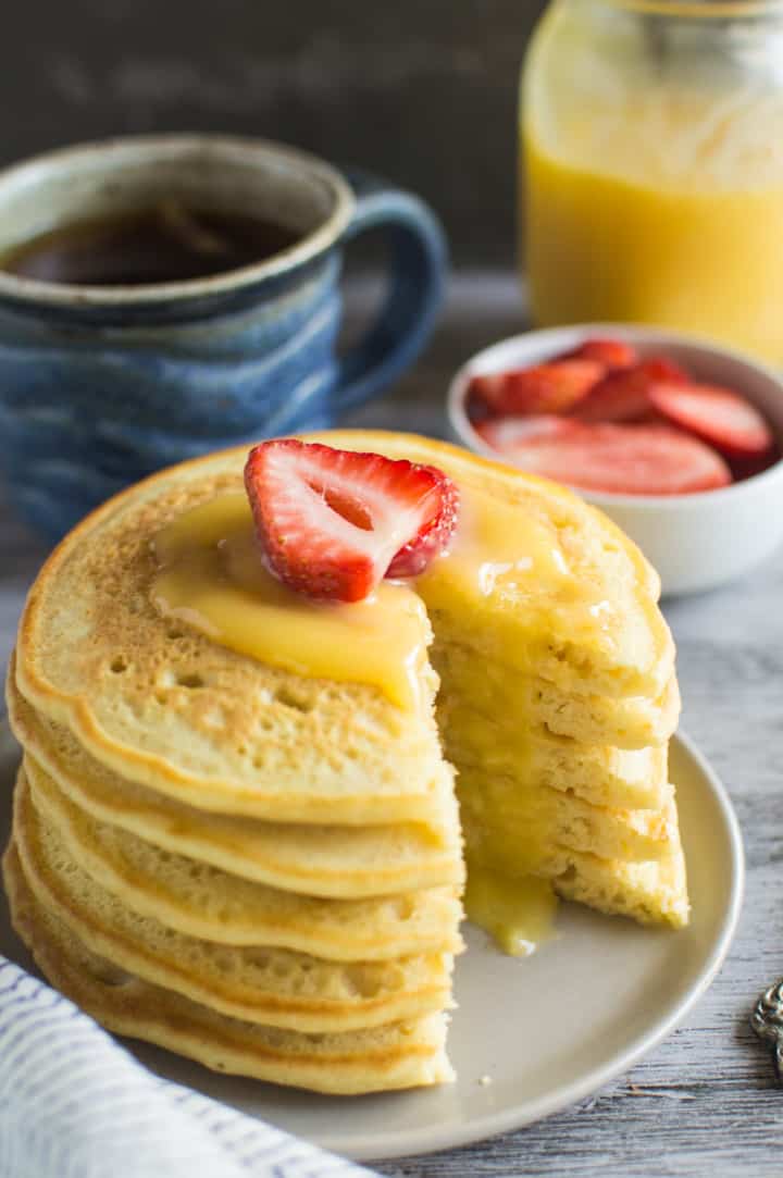 Super Fluffy Soy Milk Pancakes Sweet Lime Curd | healthynibblesandbits.com