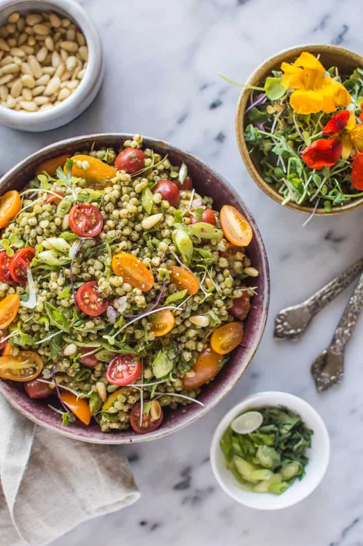 Sorghum Salad with Kale Pesto - Delicious light vegan and gluten free summer dish! | healthynibblesandbits.com