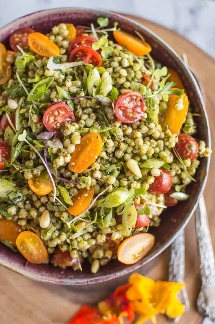 Sorghum Salad with Kale Pesto - Delicious light vegan and gluten free summer dish! | healthynibblesandbits.com