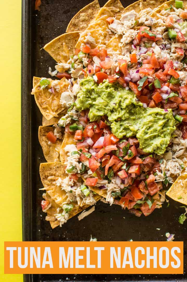 Asian Tuna Melt Nachos - a delicious no-mayo tuna salad atop crunchy homemade tortilla chips. An easy, healthy 30-minute appetizer! | healthynibblesandbits.com