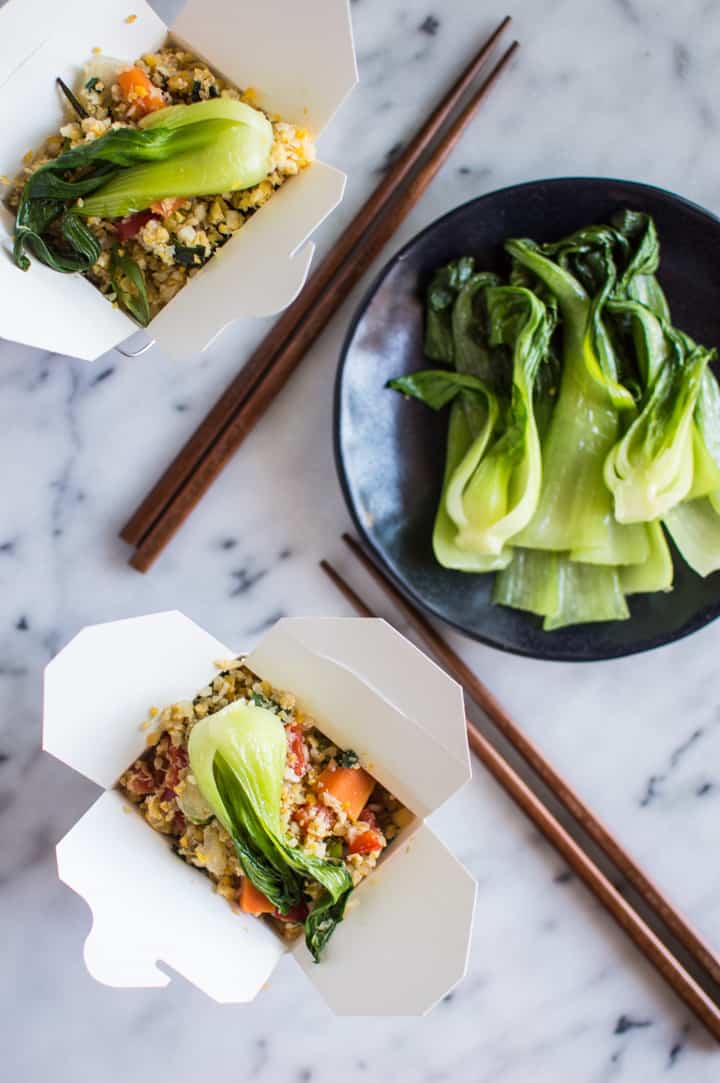 Easy Cauliflower Fried Rice with Baby Bok Choy - a healthy meal ready in 30 minutes! paleo, gluten-free, whole30 | healthynibblesandbits.com