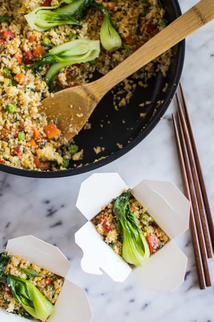 Easy Cauliflower Fried Rice with Baby Bok Choy - a healthy meal ready in 30 minutes! paleo, gluten-free, whole30 | healthynibblesandbits.com